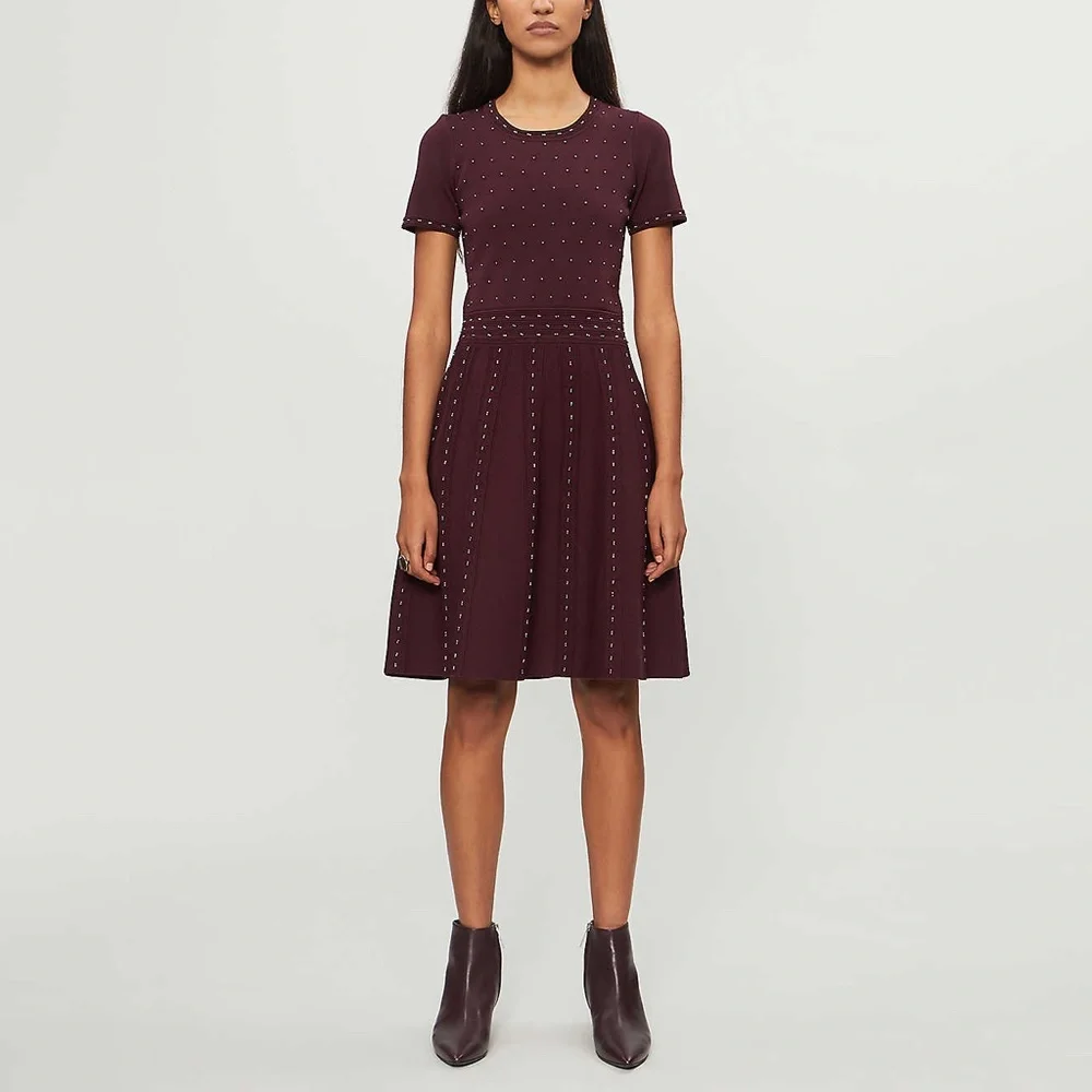 ✨sold✨ sandro • montaigne bordeaux bead embellished stud fit flare studded dress - Picture 2 of 12